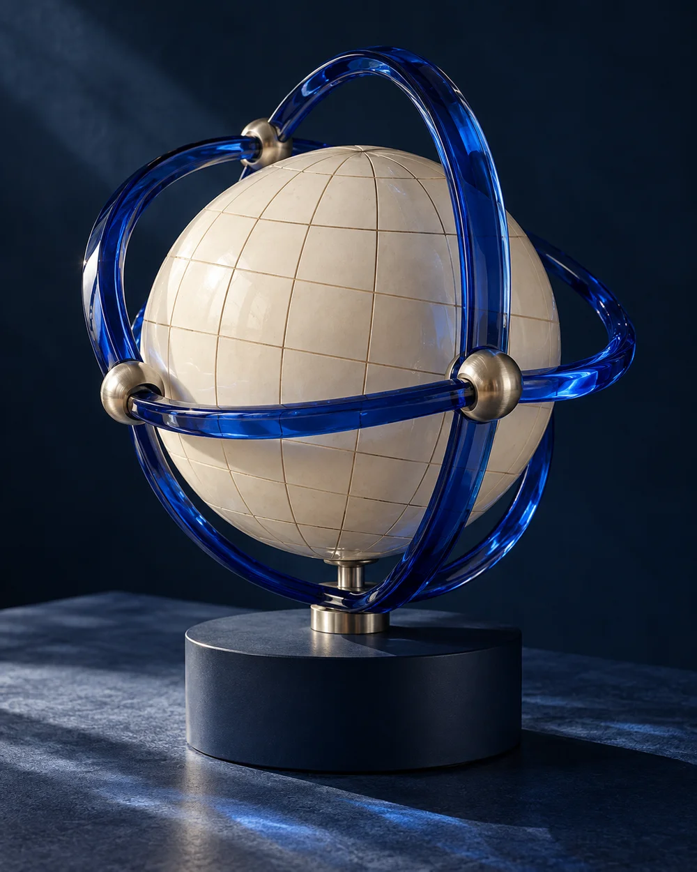 Keramikglobus mit verbundenen blauen Glasbögen – Symbolbild für internationalen Austausch
