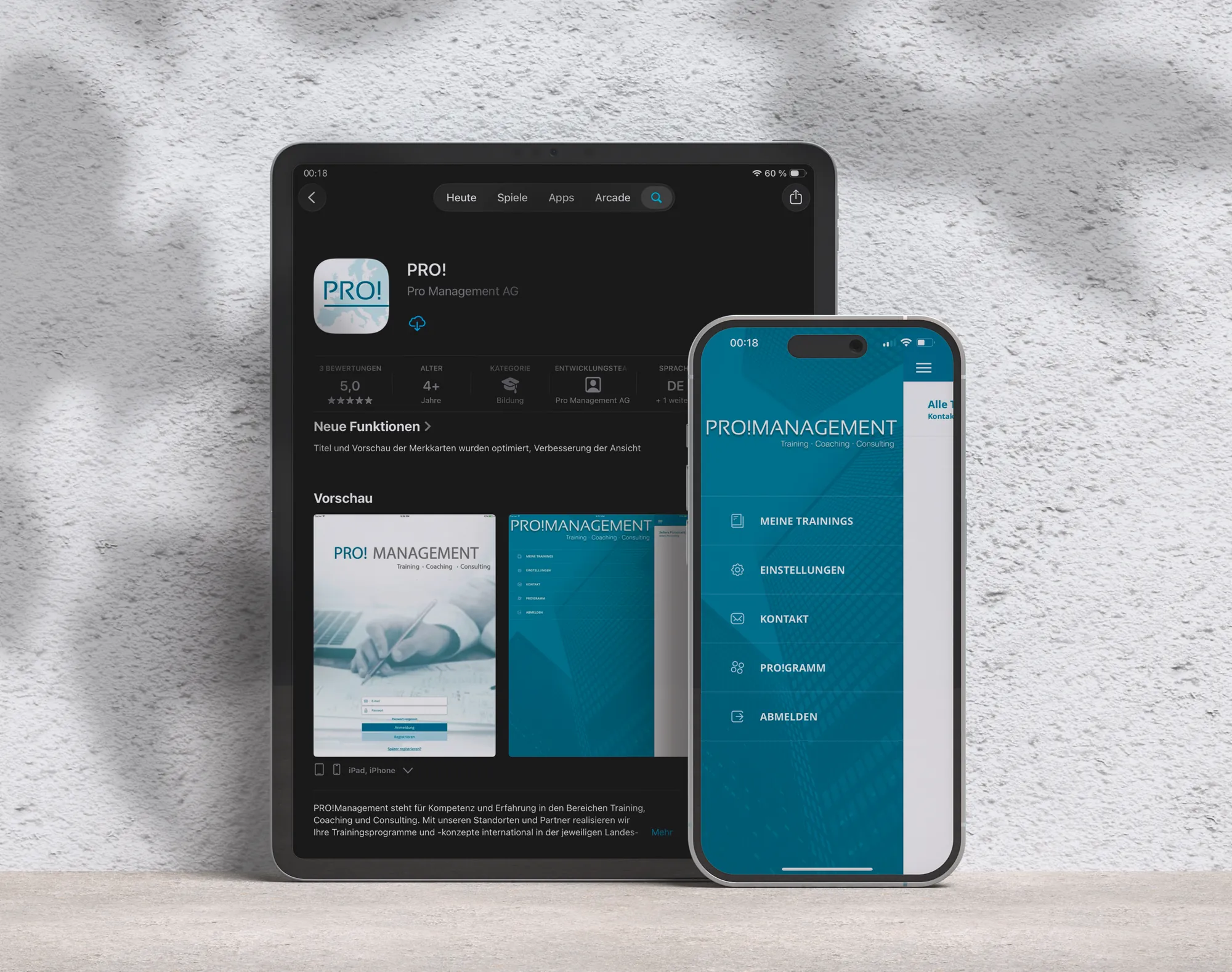 PRO App auf Tablet und Smartphone: links der App-Store-Eintrag der App „PRO!“, rechts das App-Menü mit Meine Trainings, Einstellungen, Kontakt, PRO!gramm und Abmelden