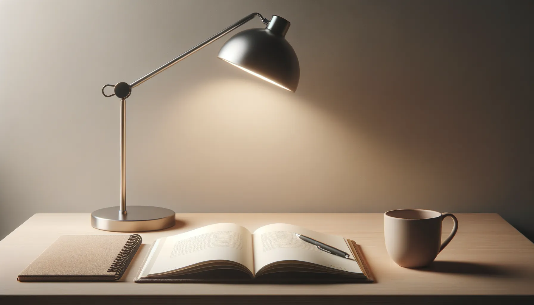 Schreibtischlampe beleuchtet ein aufgeschlagenes Buch mit Stift, daneben ein Spiralblock und eine Tasse
