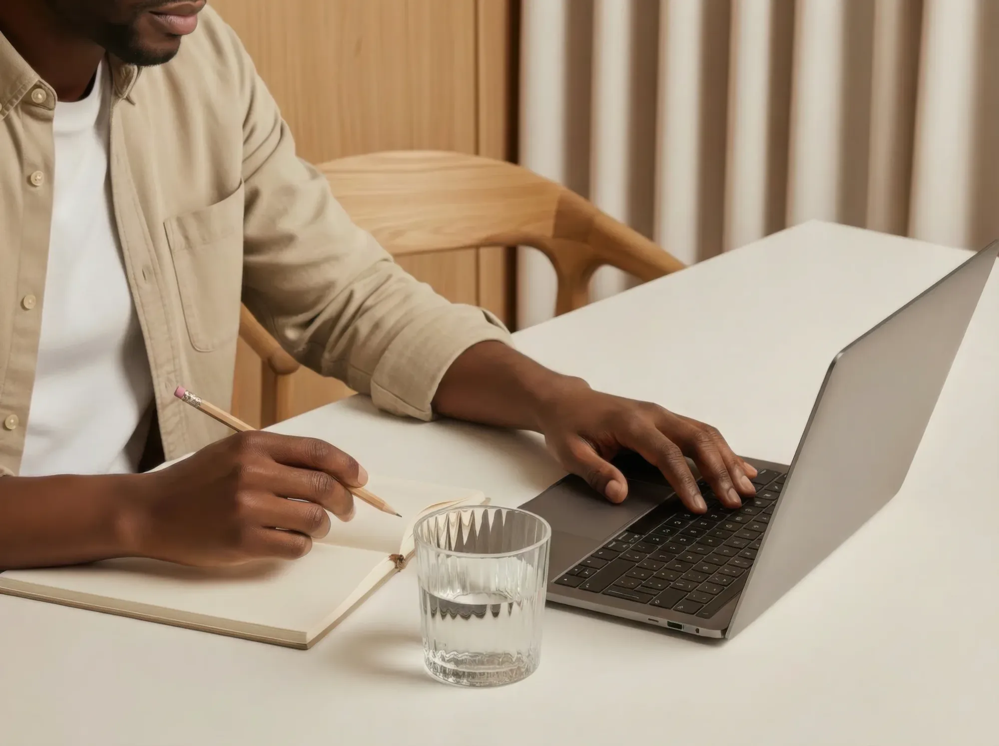 Person im beigen Hemd schreibt mit Bleistift in ein Notizbuch und tippt mit der anderen Hand auf einem Laptop