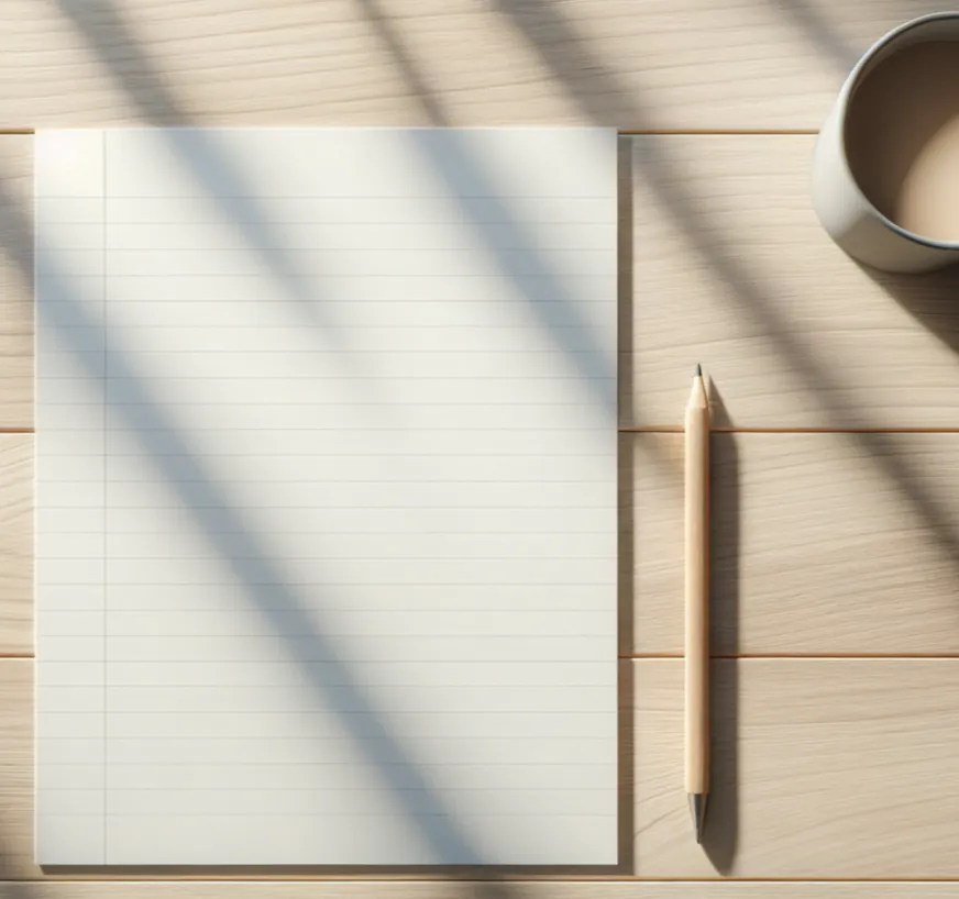 Leerer Notizblock mit Bleistift und Kaffeetasse auf einem hellen Holztisch im Streiflicht