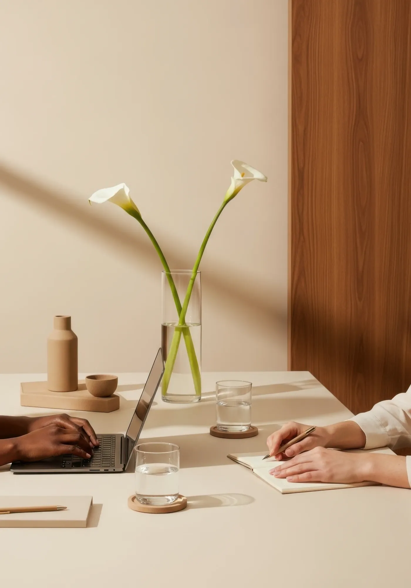 Zwei Personen arbeiten an einem hellen Tisch, eine tippt auf einem Laptop, die andere schreibt in ein Notizbuch; dazwischen Calla-Blüten in einer Glasvase